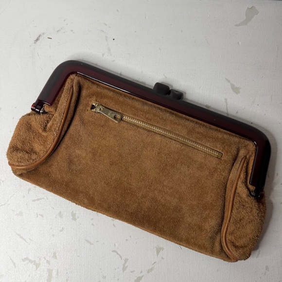 Vintage Brown Genuine Suede Leather Clutch Purse w/ Leucite Closure Bag 1970s - Picture 3 of 7